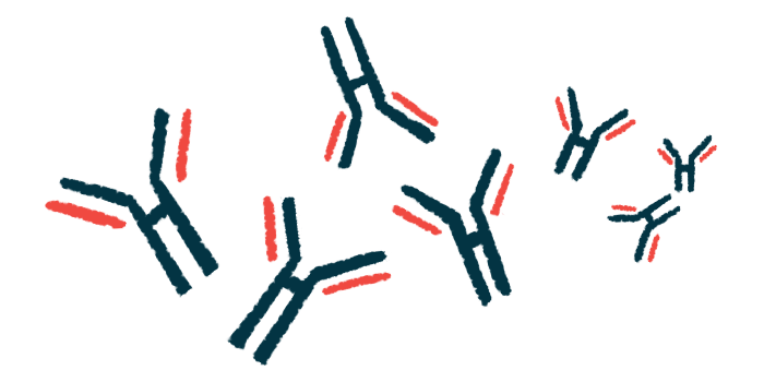 An illustration shows a close-up view of antibodies floating together.