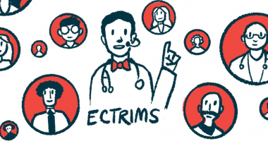 An illustration shows a speaker at an ECTRIMS conference.