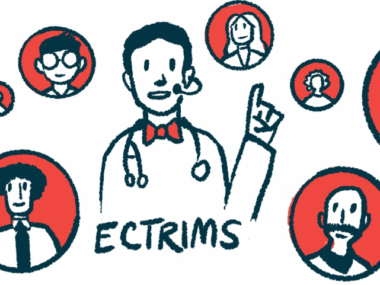 An illustration shows a speaker at an ECTRIMS conference.