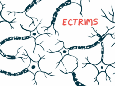 A black-and-white illustration shows nerve connections, with ECTRIMS written in red.