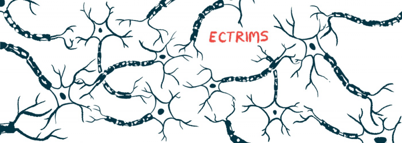 A black-and-white illustration shows nerve connections, with ECTRIMS written in red.