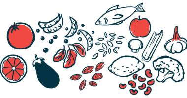 An illustration of fruit, vegetables, and fish.