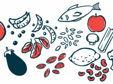 An illustration of fruit, vegetables, and fish as part of a varied diet.