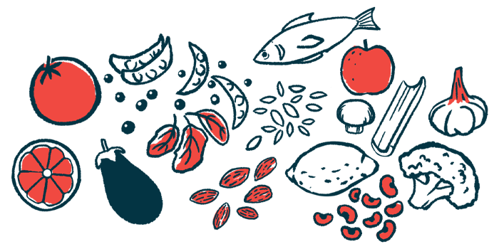 An illustration of fruit, vegetables, and fish as part of a varied diet.
