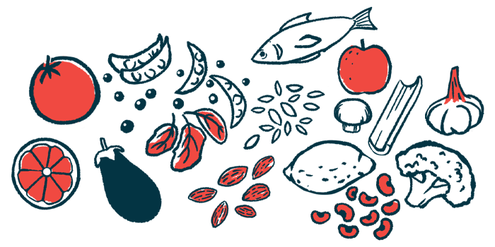 An illustration of fruit, vegetables, and fish as part of a varied diet.