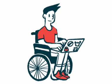 A person in a wheelchair types on a laptop.
