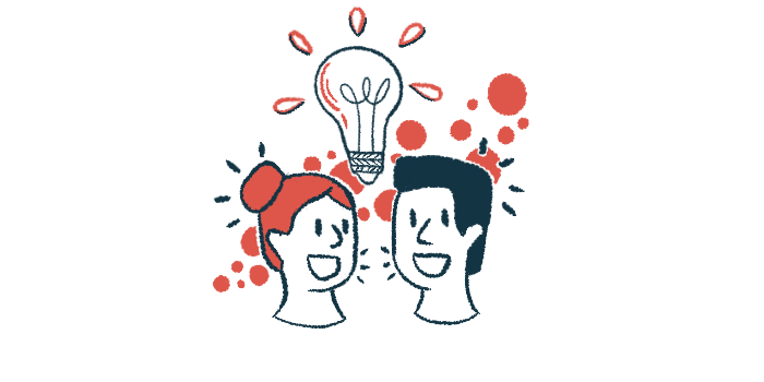 This illustration depicts two people in collaboration underneath a light bulb.