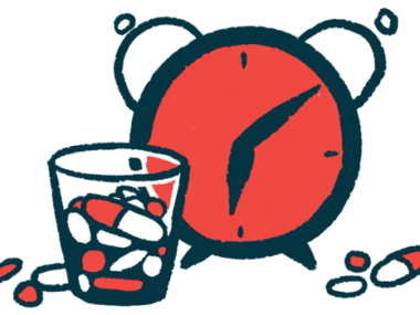 A glass filled with pills stands next to an alarm clock in this illustration of oral daily medicines.