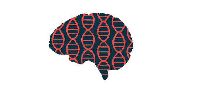 This Illustration shows a profile of the human brain with DNA chains superimposed.