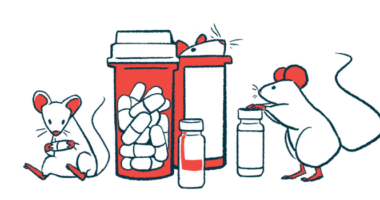 Two mice climb among prescription medication bottles, while a third holds a capsule in its paws.