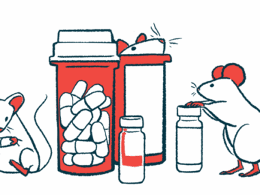 Two mice climb among prescription medication bottles, while a third holds a capsule in its paws.
