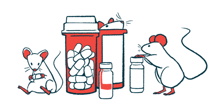 Two mice climb among prescription medication bottles, while a third holds a capsule in its paws.