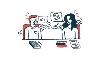 An illustration shows two people talking in a meeting.