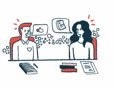 An illustration shows two people talking in a meeting.