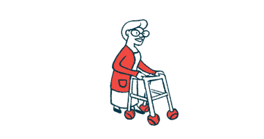 An illustration of an elderly woman using a walker.
