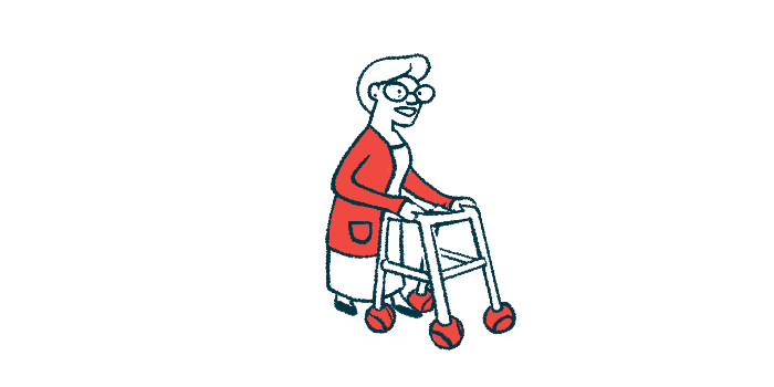 An illustration of a woman using a walker.