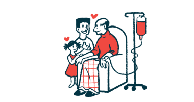 Illustration shows a man in a chair receiving IV therapy. Two people are watching him.
