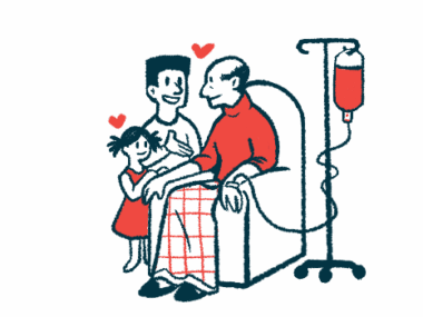 Illustration shows a man in a chair receiving IV therapy, as an adult and child watch.