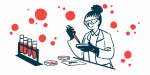 Illustration of a scientist in a lab with a petri dish in her hand.