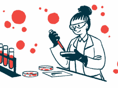 A scientist in a laboratory works with a petri dish and dropper, alongside a rack of four filled vials.