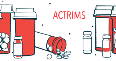 An illustration for the ACTRIMS Forum shows a collection of prescription pill bottles, with one knocked over.