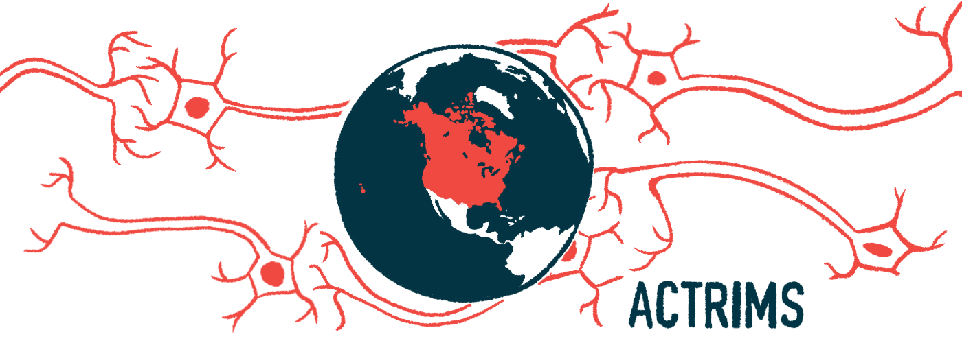 An illustration for the ACTRIMS Forum shows a globe spotlighting North America and surrounded by nerve cells.