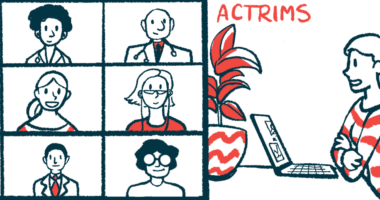 An illustration for ACTRIMS showing a woman in an online meeting.