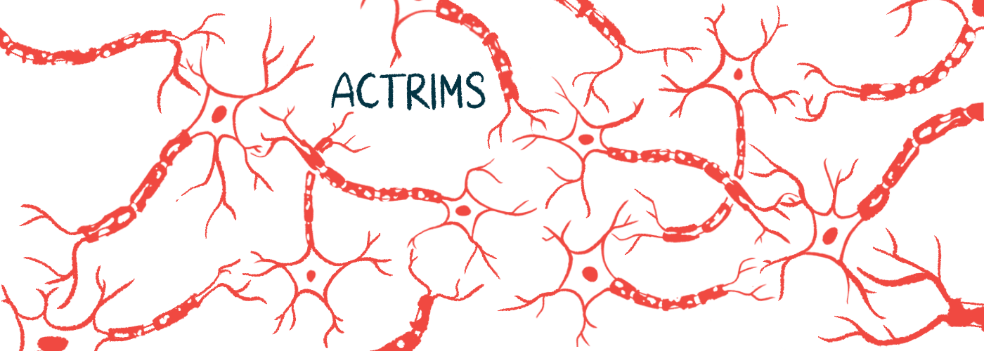 Images of blood vessels and synapses surround the word ACTRIMS in this illustration for the annual forum.