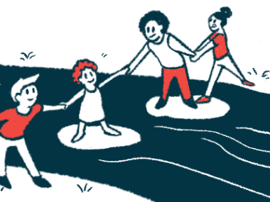 People holding hands and standing on rocks across a stream, to illustrate teamwork and collaboration.