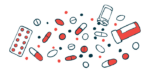 Different types of oral medications are scattered about in this illustration.