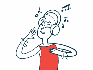 A person with a headset on grooves to music.