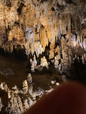 A shadowy photo shows numerous stalactites and stalagmites inside Luray Caverns. The cave is dark, but the rocks are illuminated by spotlights.