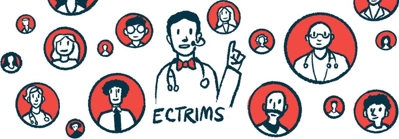 An illustration of a speaker surrounded by images of other people, at an ECTRIMS conference.