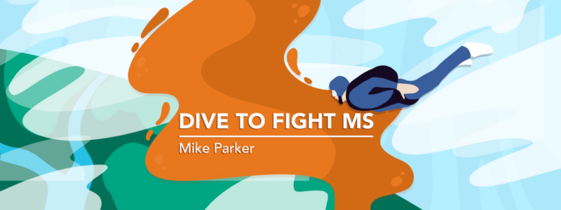 An illustrated banner that says "Dive to Fight MS" and depicts a man skydiving.