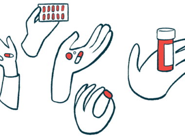 This illustration shows several hands, each holding pills or pill bottles.