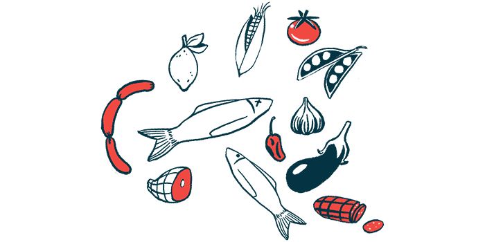 This illustration shows drawings of healthy foods, including fish, vegetables and fruit.