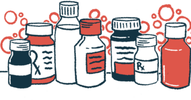 Seven medicine bottles, holding liquids as well as pills, are shown.