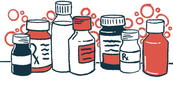 Seven medicine bottles, holding liquids as well as pills, are shown.