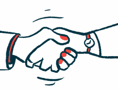 A close-up view shows a rigorous handshake between two people.