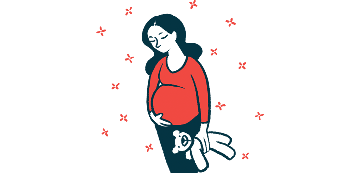 A pregnant woman holds a teddy bear.