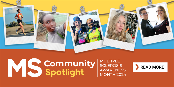 Five photos showing individuals with multiple sclerosis who are sharing their real-life stories during MS Awareness Month this March are hung with clips on a string above the words 'MS Community Spotlight.'