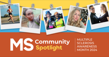 Five photos showing individuals with multiple sclerosis, who are sharing their real-life stories during MS Awareness Month, are hung with clips on a string above the words 'MS Community Spotlight.'