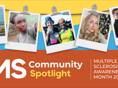 Five photos showing individuals with multiple sclerosis, who are sharing their real-life stories during MS Awareness Month, are hung with clips on a string above the words 'MS Community Spotlight.'