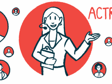 A speaker holds a clipboard and is surrounded by bubbles of headshots of people for the ACTRIMS forum.