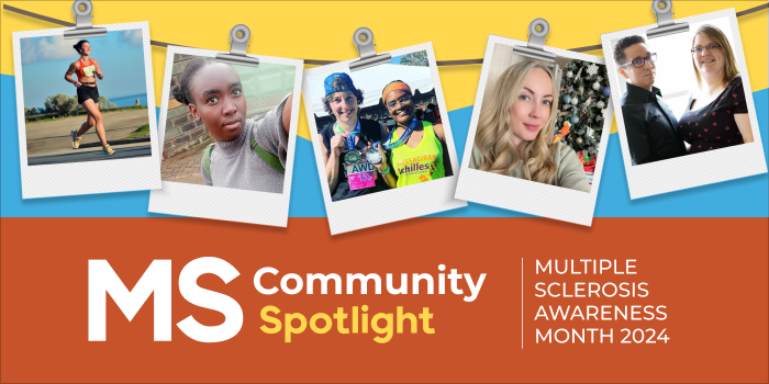 Four photos showing individuals with multiple sclerosis who are sharing their real-life stories during MS Awareness Month this March are hung with clips on a string above the words 'MS Community Spotlight.'