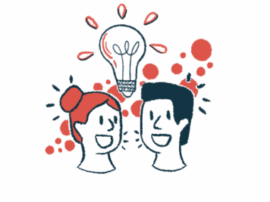 A giant lightbulb floats above the heads of two people, to illustrate collaboration of ideas.