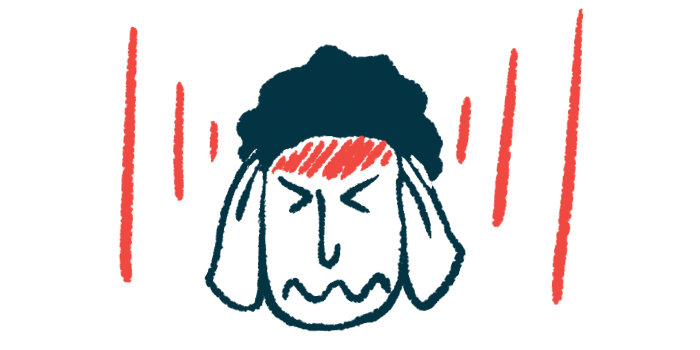 A person grimaces and holds his head while red lines are shown radiating from the forehead.