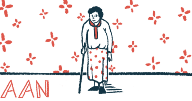 An elderly woman leans on a cane in this illustration