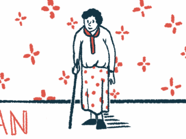 An older woman leans on a cane in this illustration.