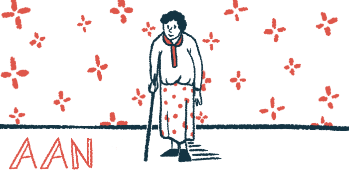An elderly woman leans on a cane in this illustration